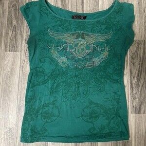 Woman’s Vintage Green Affliction Styled Coogi Rimestone Shirt Size Large Y2K